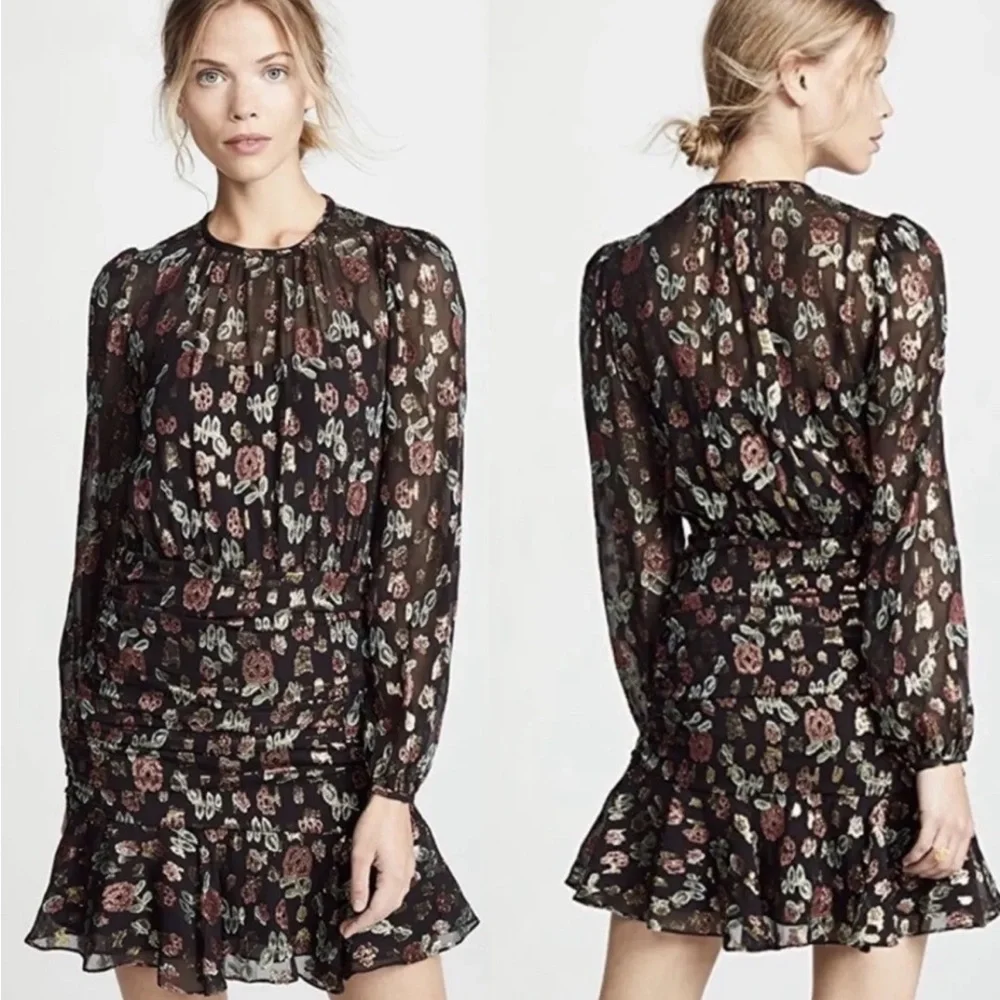 VERONICA BEARD Robin Long Sleeve Metallic Silk Mini Dress Black Floral Sz 2. - Picture 2 of 7